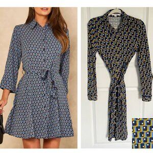 Boden Blue Gold Geometric Print Long Sleeve Mini Shirt Dress - 35548